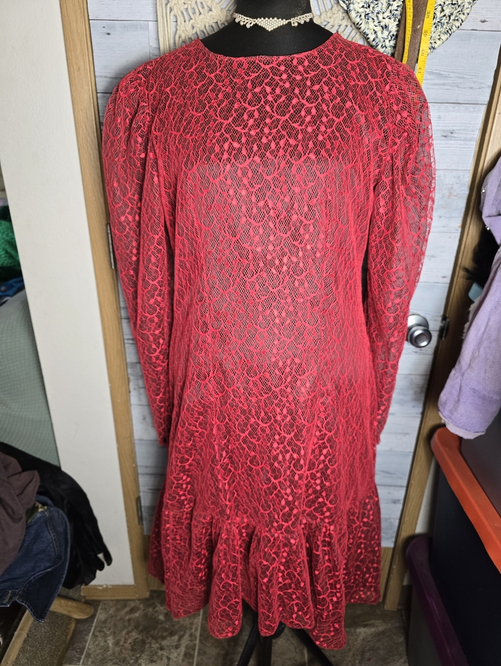 Vtg 80's Scarlet Red Lace Asymmetrical High Low Dress Victorian Romantic Crimson